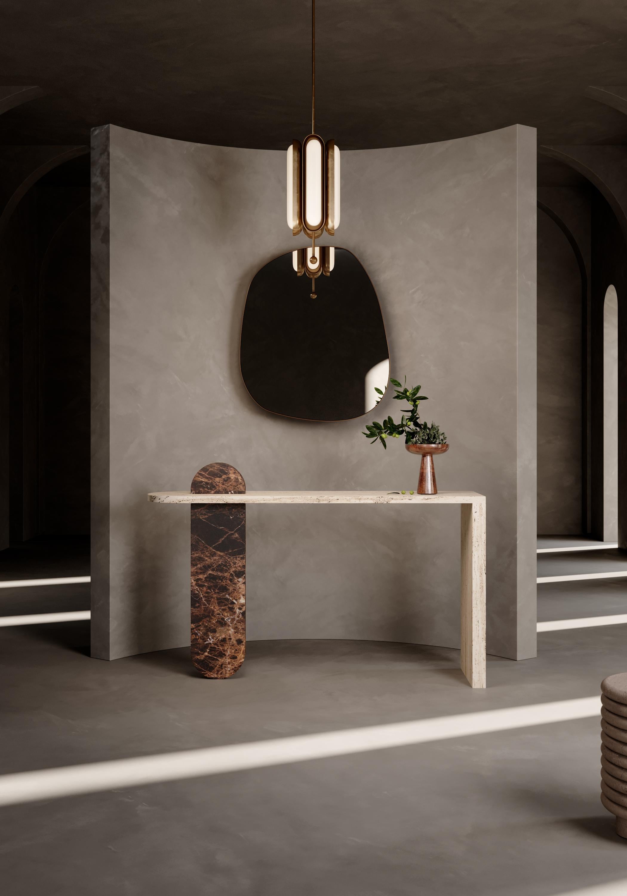 Our contemporary architecture marble table contains two marble pieces delicately interject, creating a visually enchanting marble tabletop filled with depth and character. Mixing natural textures and functional clean compositions create a feeling of