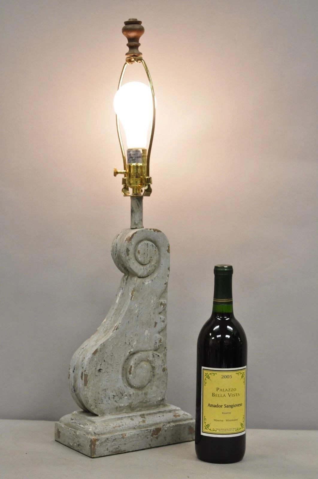 Contemporary Architectural Salvage Grey Distress Painted Wood Corbel Table Lamp For Sale 4