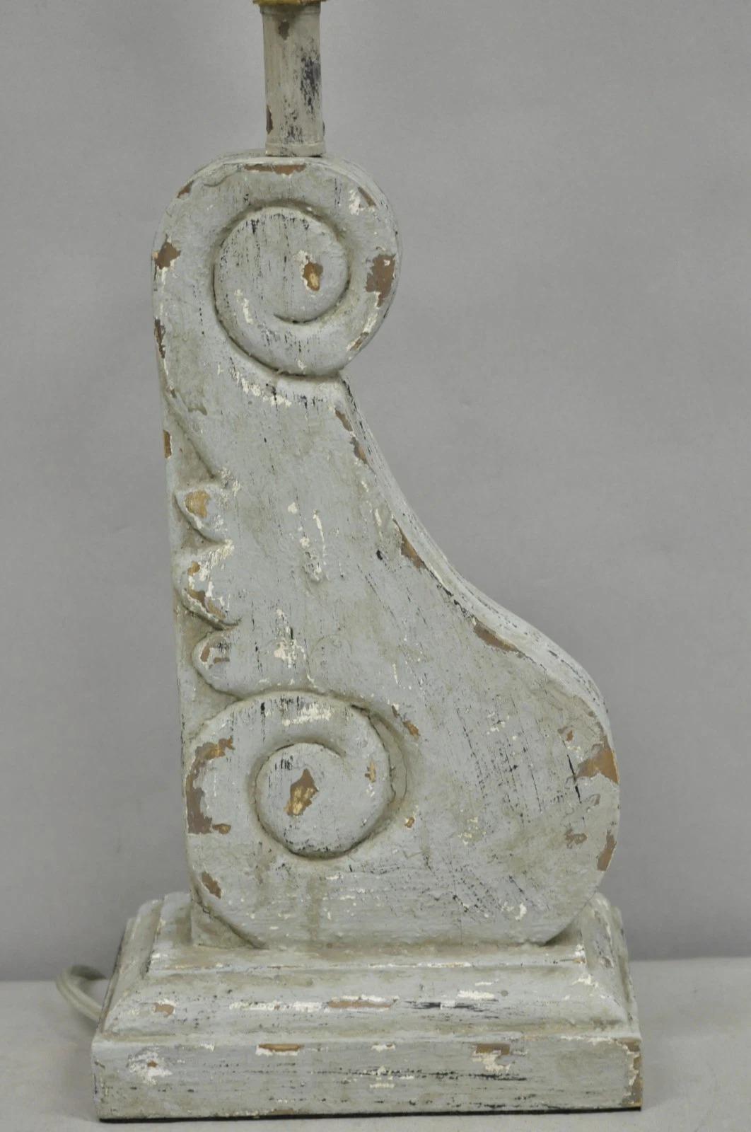 Other Contemporary Architectural Salvage Grey Distress Painted Wood Corbel Table Lamp For Sale