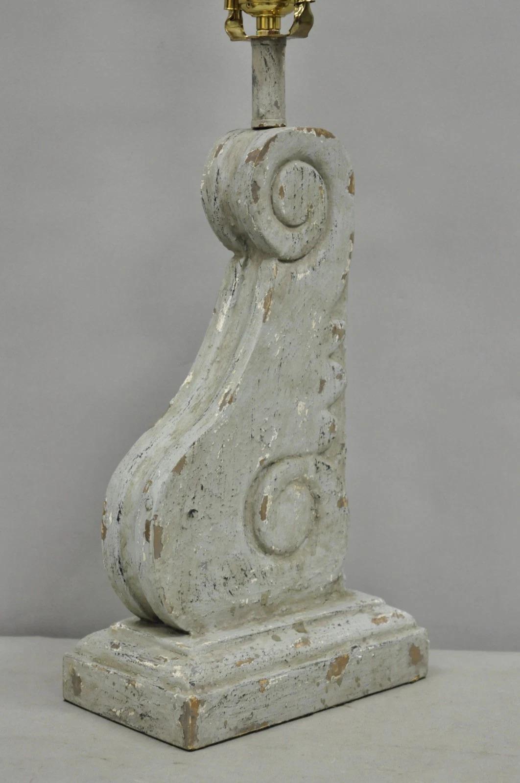 Contemporary Architectural Salvage Grey Distress Painted Wood Corbel Table Lamp For Sale 1