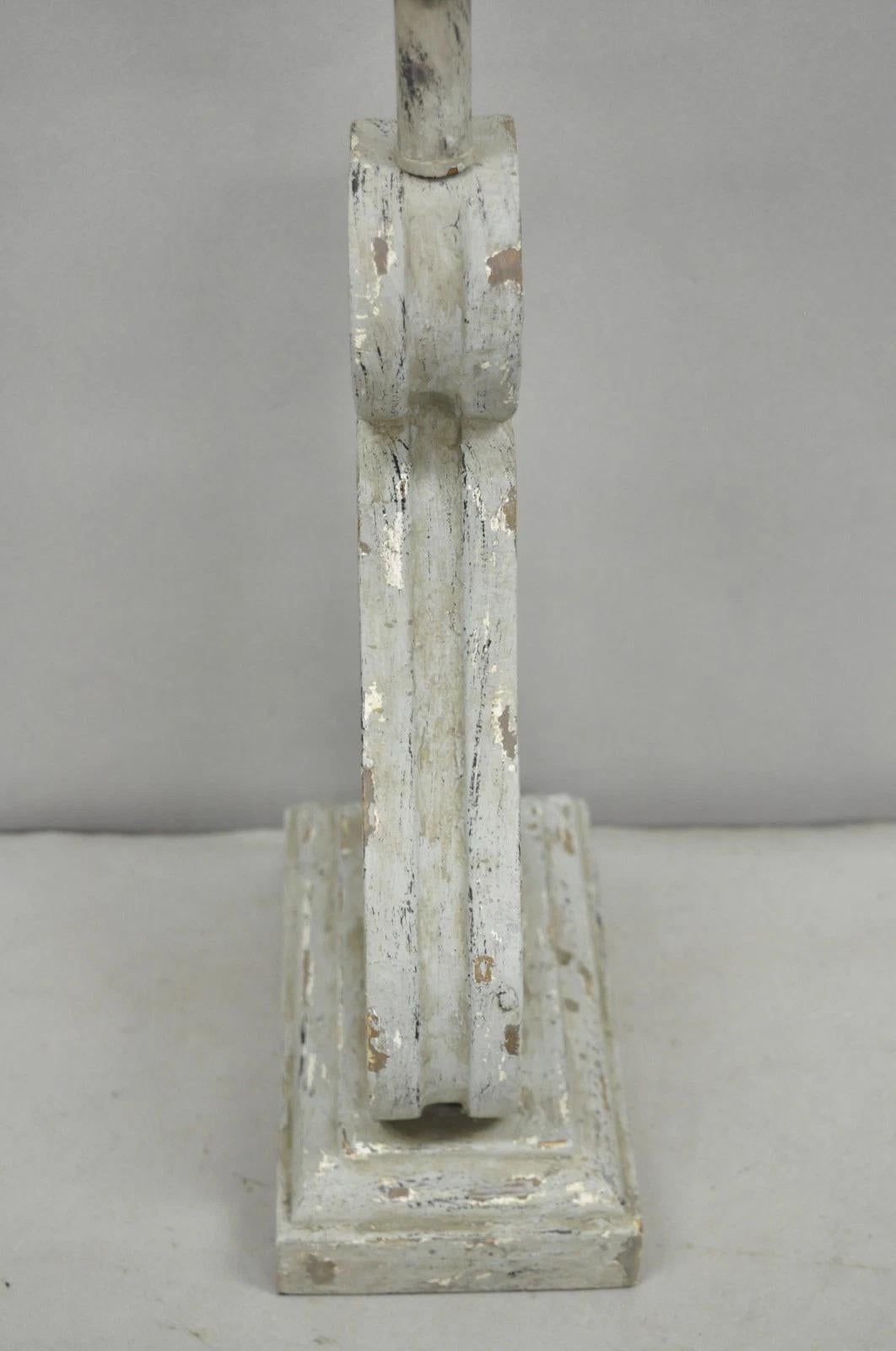 Contemporary Architectural Salvage Grey Distress Painted Wood Corbel Table Lamp For Sale 2