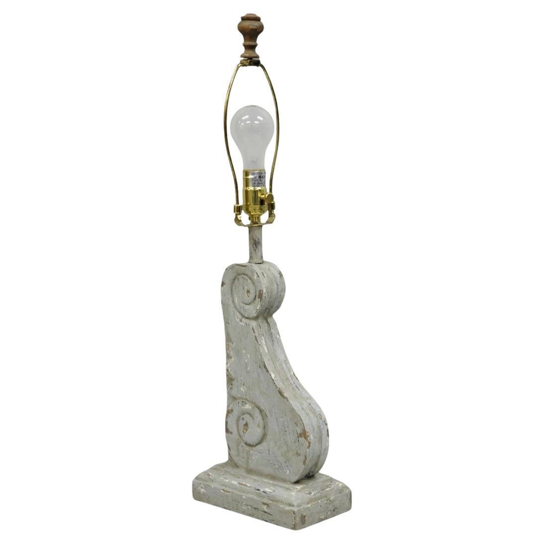 Contemporary Architectural Salvage Grey Distress Painted Wood Corbel Table Lamp For Sale