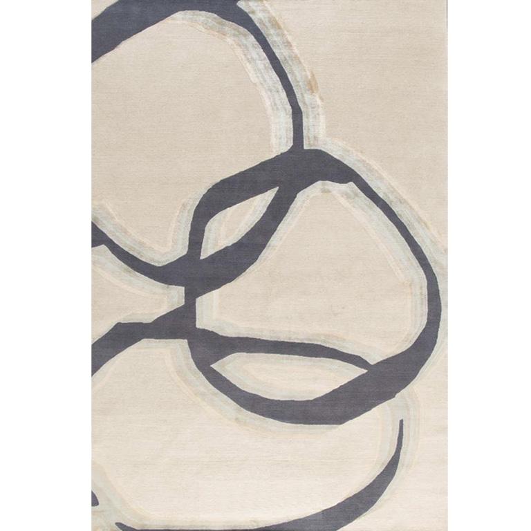 Modern Contemporary Area Rug Abstract in Taupe Grey, Handmade of Silk and Wool, 