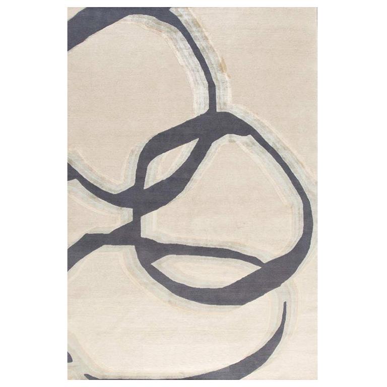 Contemporary Area Rug Abstract in Taupe Grey, Handmade of Silk and Wool, "Crete"