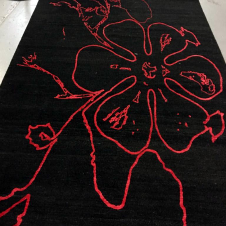Nepalese Contemporary Area Rug Black, Red, Handmade of Silk and Twisted Wool, 