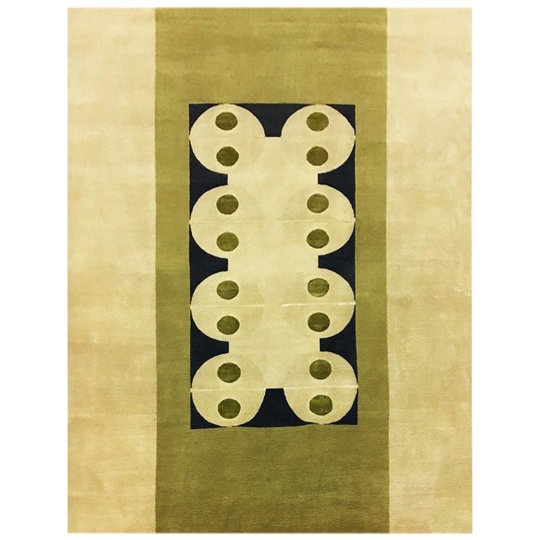 Alfombra Contemporánea Verde Negra, Hecha a Mano de Lana, 100 Nudos "Mondrian" en venta