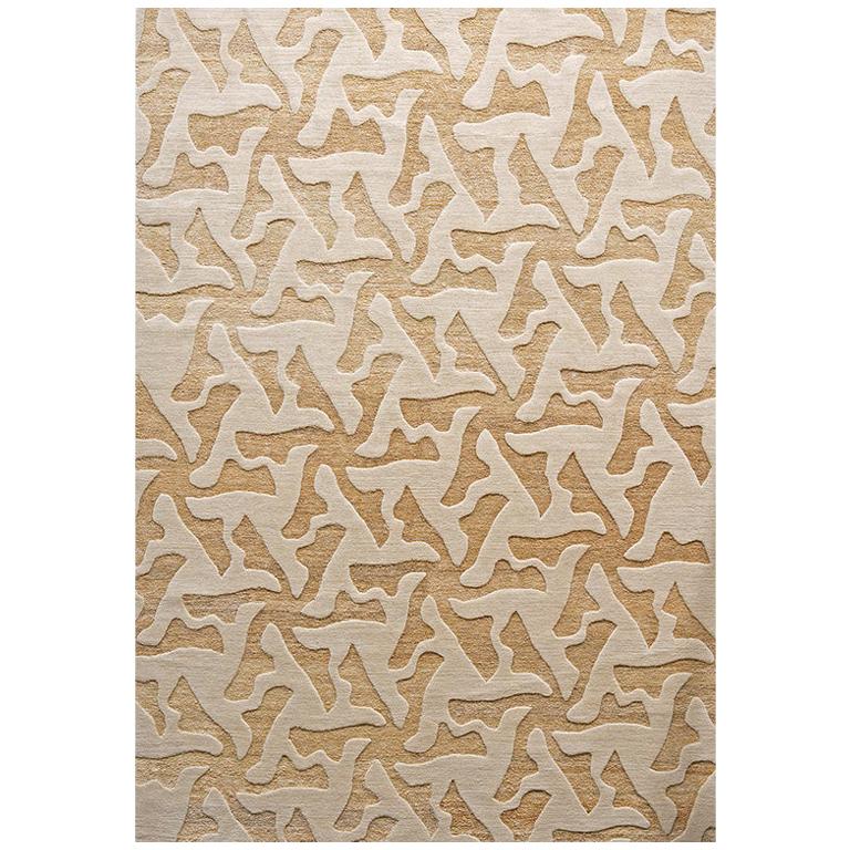 Contemporary Area Rug in Beige Ivory, Handmade of Wool & Hemp "Zang"