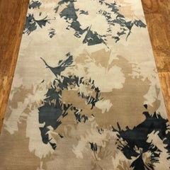 Contemporary Area Rug in Beige Tan Dark Green, Handmade of Silk, Wool "Bliss"