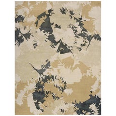 Contemporary Area Rug in Beige Tan Dark Green, Handmade of Silk, Wool "Bliss"