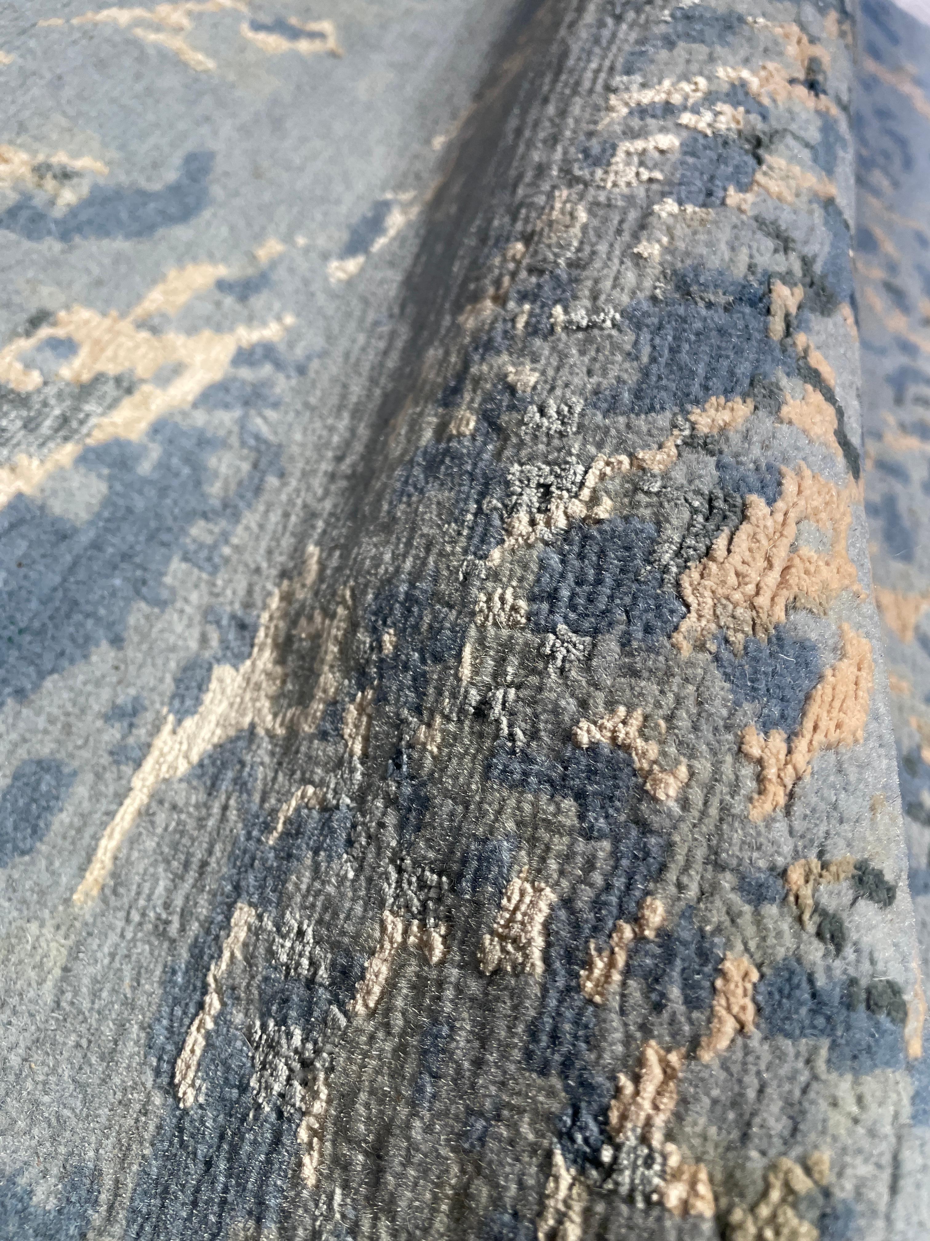 Alfombra Contemporánea Azul, 8'x10' Hecha a Mano de Lana de Seda, 150 Nudos 