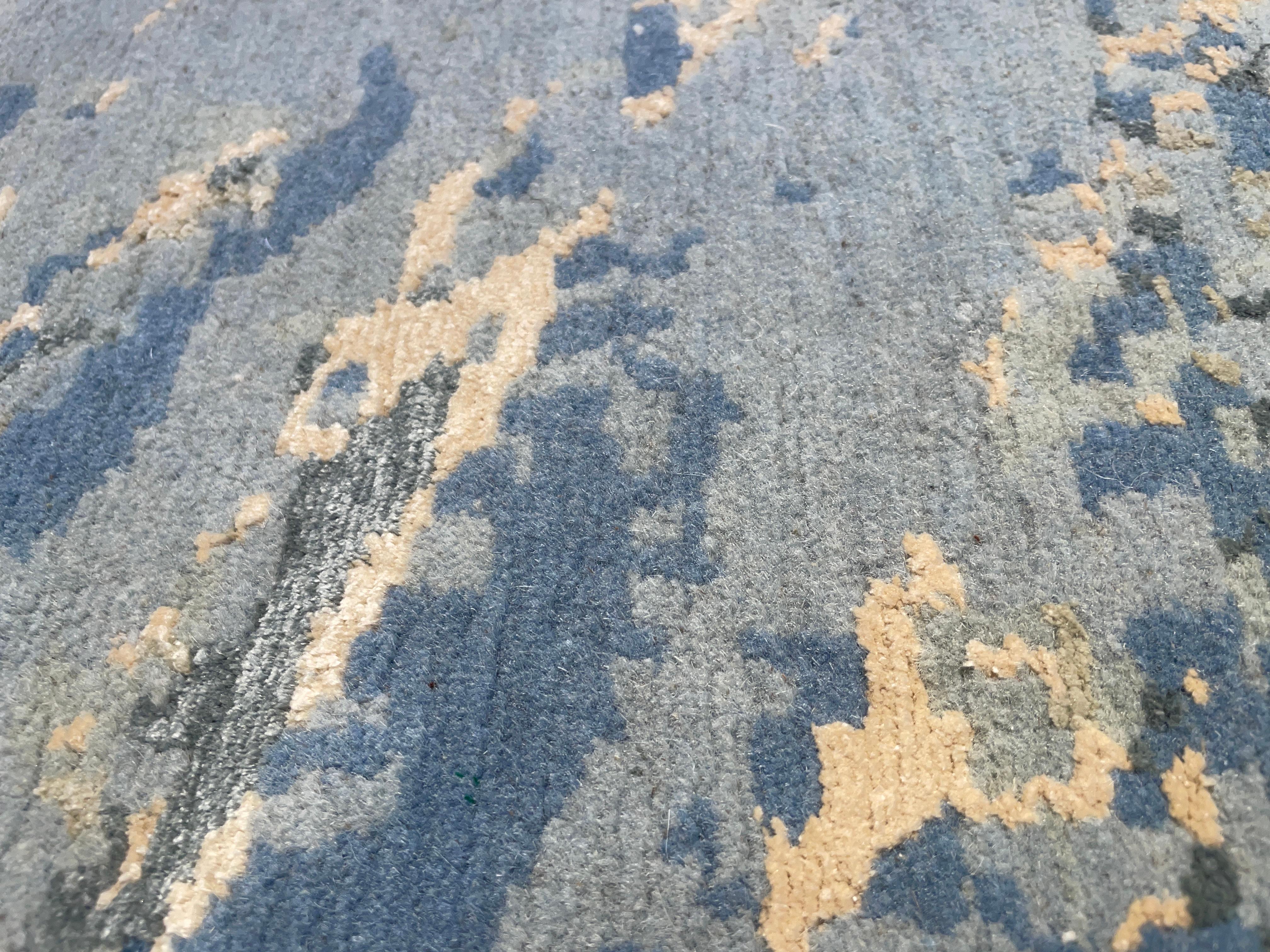 Modern Contemporary Area Rug in Blue, Handmade of Silk and Wool, 150-knot 
