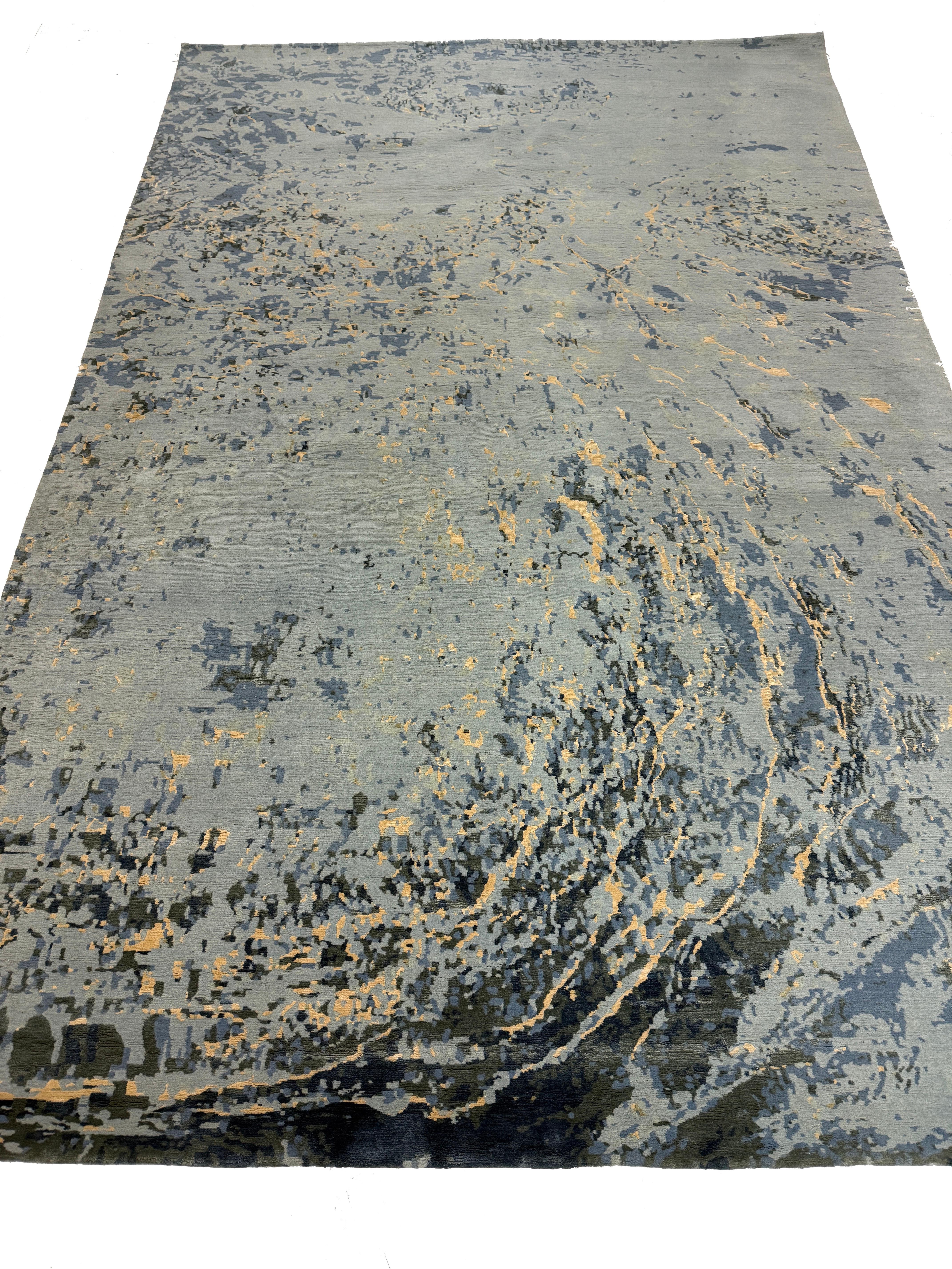 Alfombra Contemporánea Azul, Hecha a Mano de Seda y Lana, 150 Nudos 