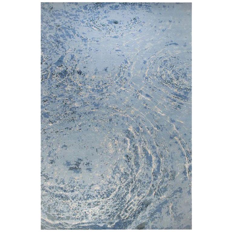 Contemporary Area Rug in Blue, 8'x10' Handmade of Silk Wool, 150-knot "Oceans" For Sale