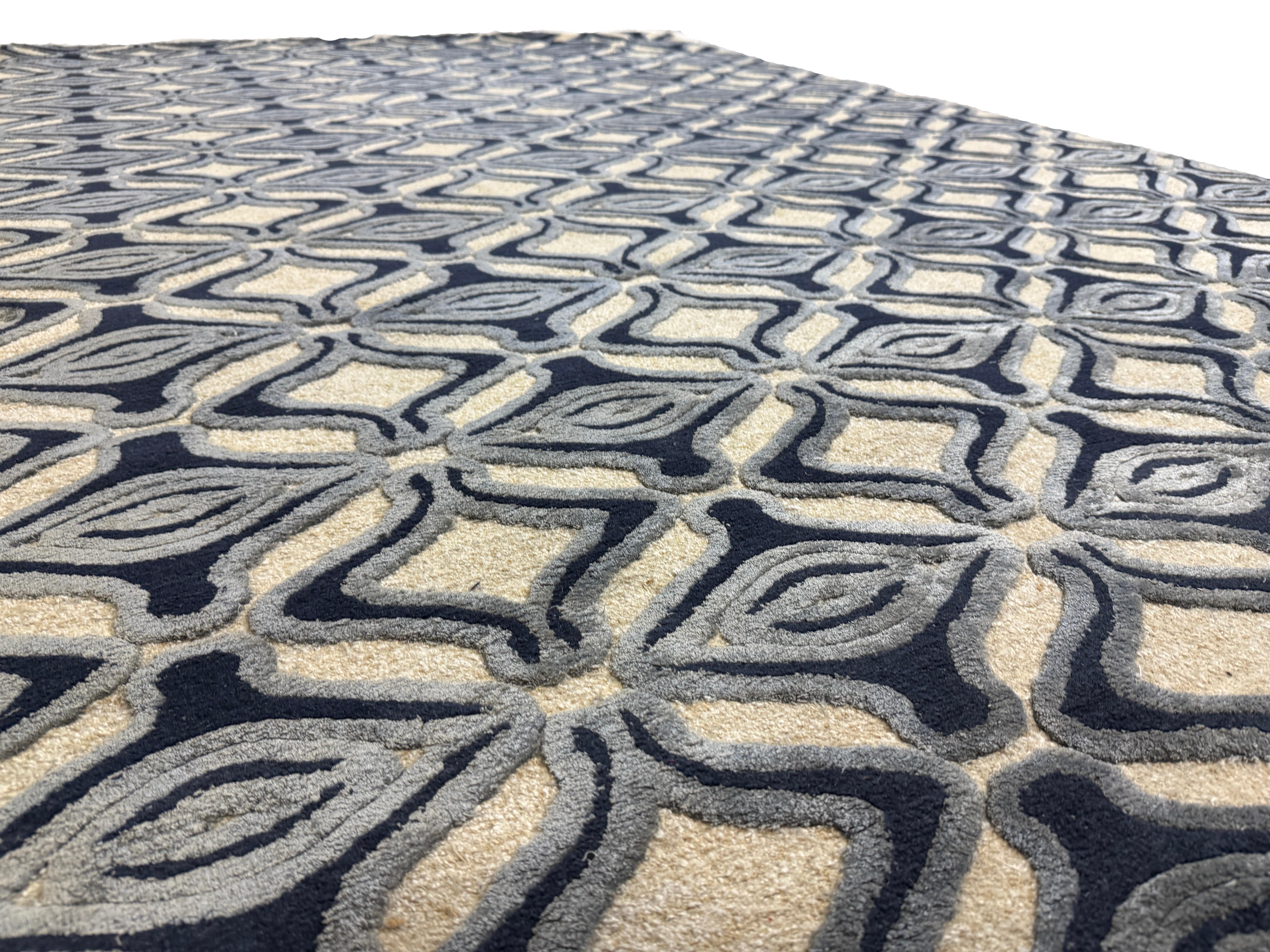 Alfombra Contemporánea Azul, Hecha a Mano de Seda, Lana y Cáñamo, 