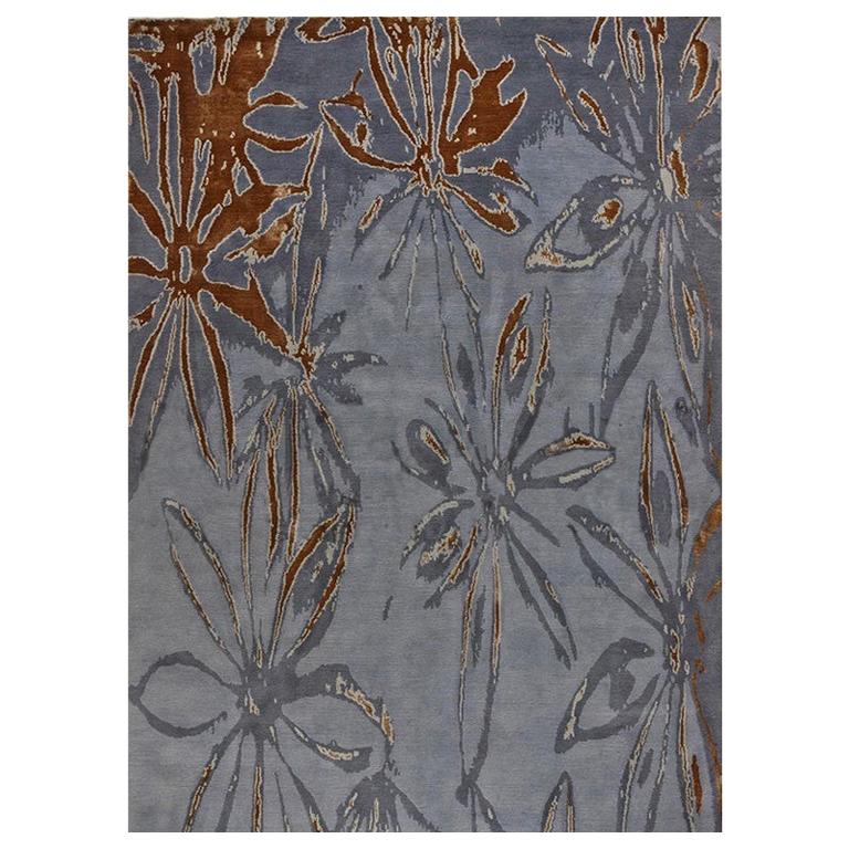 Contemporary Area Rug in Blues, Handmade of Silk, Wool, "Spice Dark" For Sale