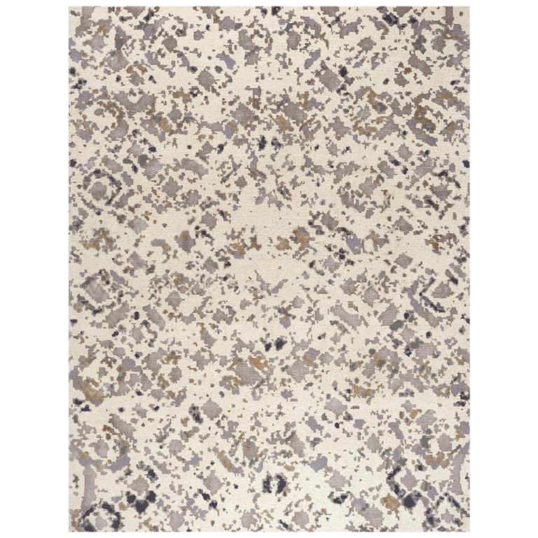 Contemporary Area Rug in Ivory, Gold, Purple, Handmade of Silk, Wool, "Firenze"
