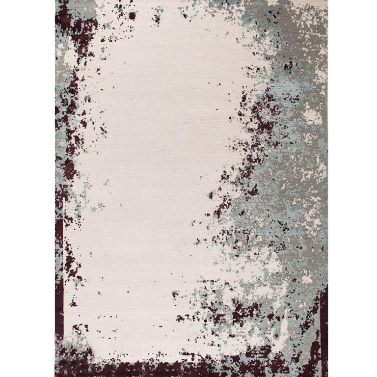 Nepalese Contemporary Area Rug in Purple Aquamarine White, Handmade of Silk Wool 