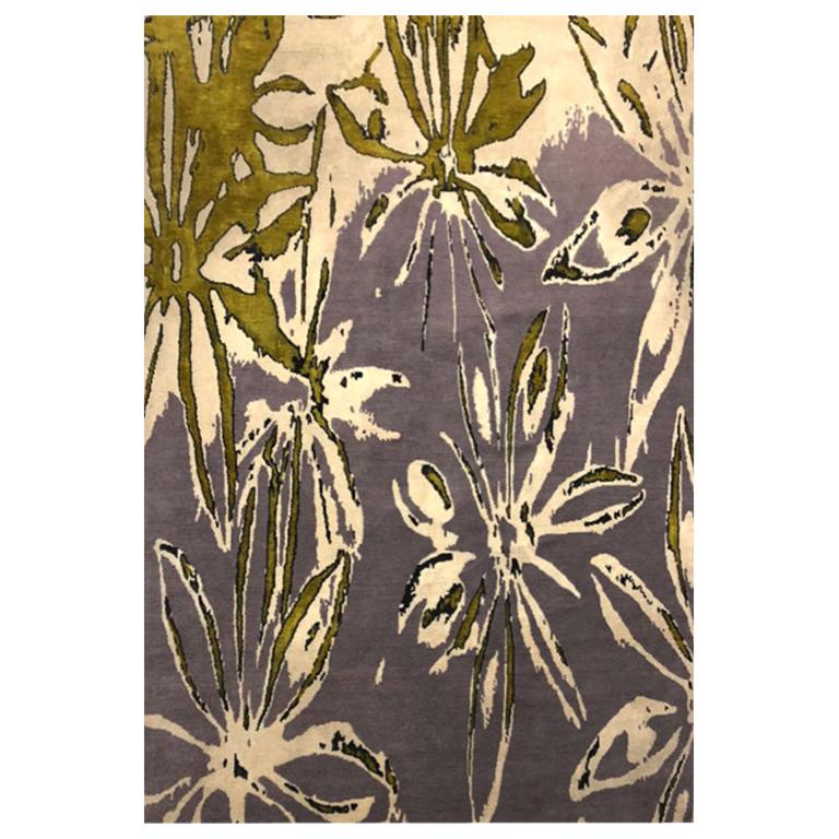 Contemporary Area Rug in Purple Green, Handmade of Silk and Wool, "Spice" For Sale