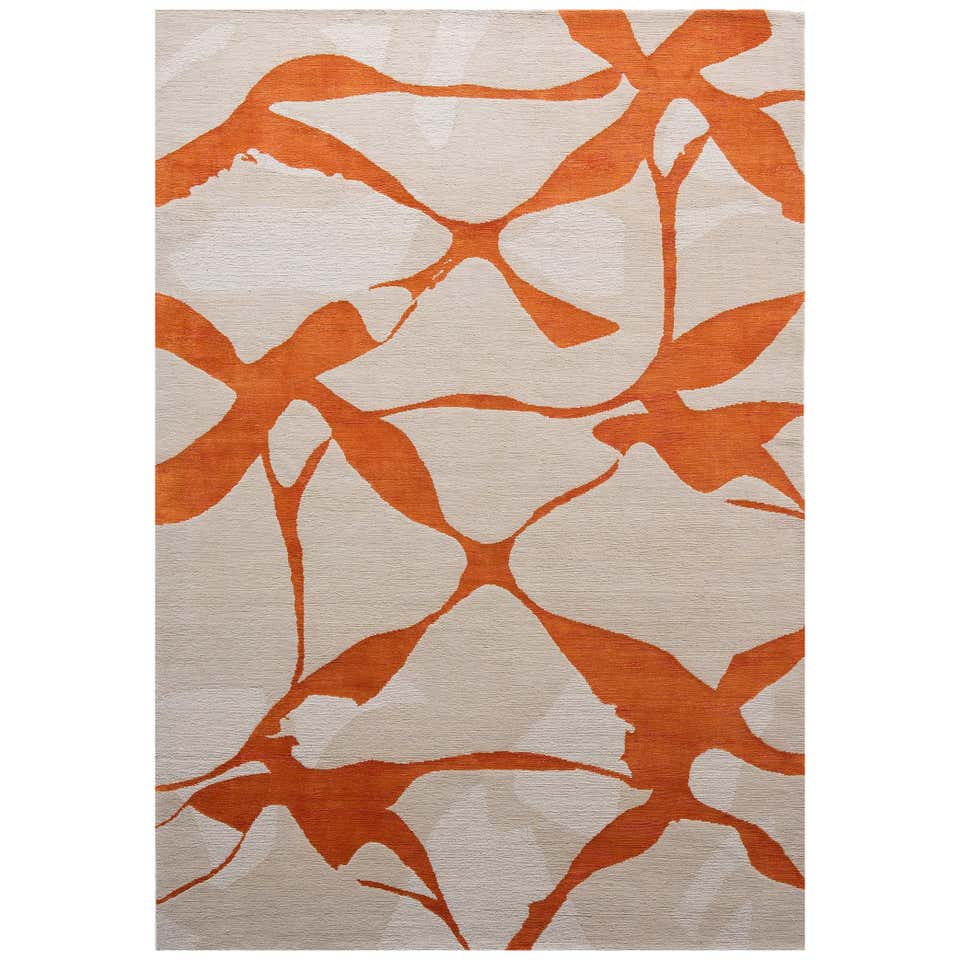Area Rug in Blue Orange Modern Contemporary, Handmade of Silk and Wool ...
