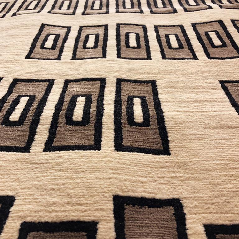 Contemporary Area Rug in Taupe Black Silver, Handmade of Silk Wool, 