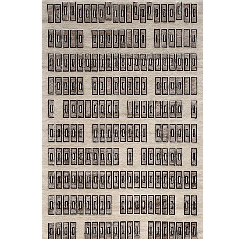 Nepalese Contemporary Area Rug in Taupe Black Silver, Handmade of Silk Wool, 