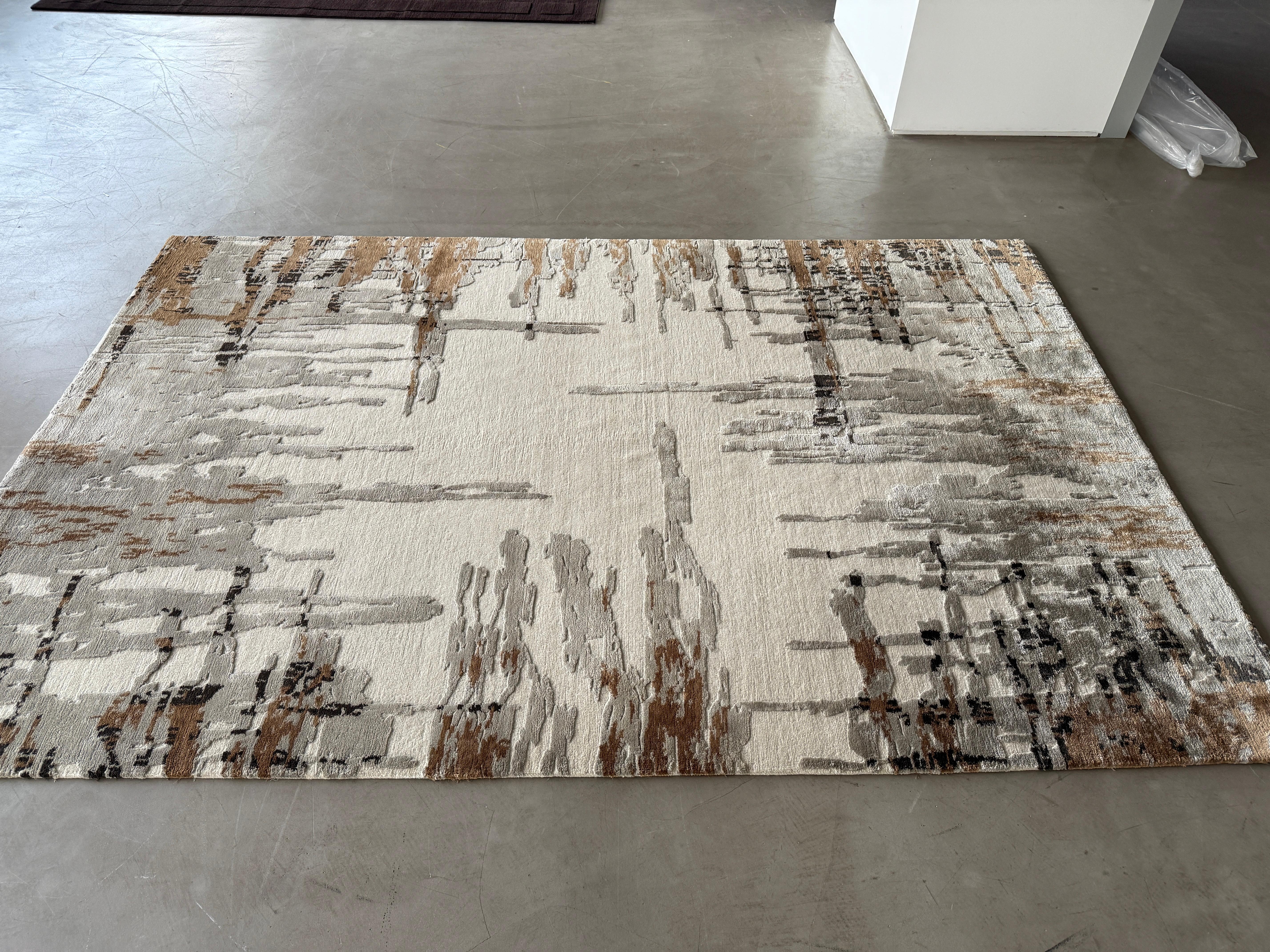 Modern Contemporary Area Rug in Taupe Brown, Handmade of Silk and Wool, 