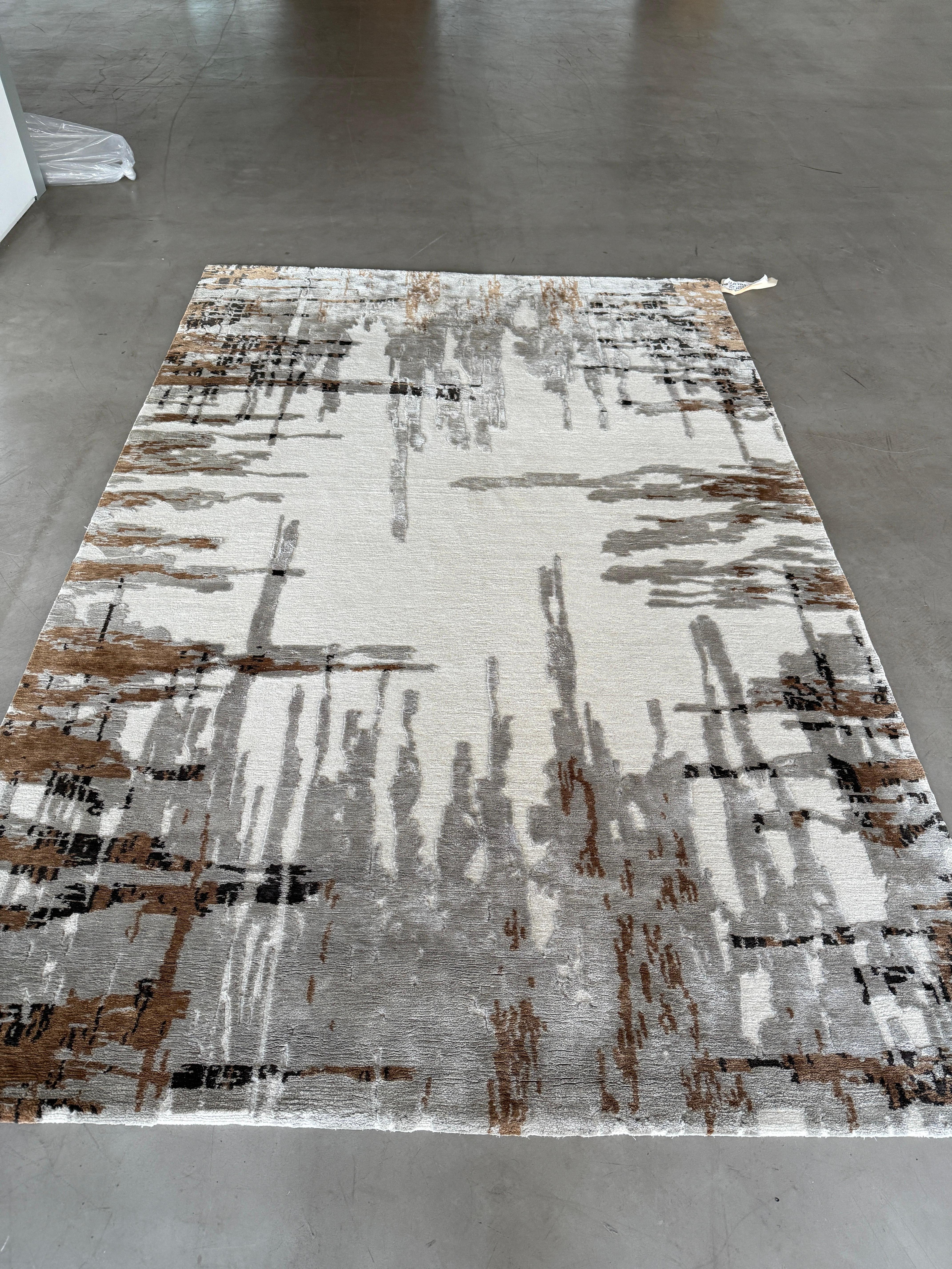 Contemporary Area Rug in Taupe Brown, Handmade of Silk and Wool, 