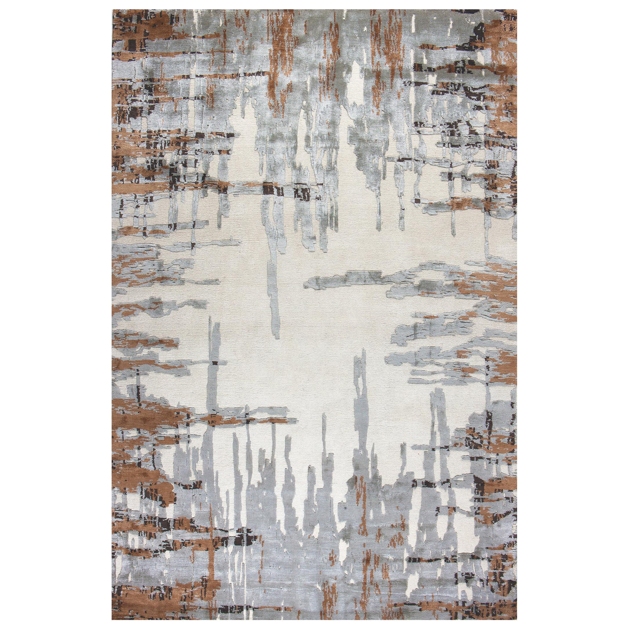 Tapis contemporain en brun taupe:: fait à la main en soie et en laine:: "Riverpool"