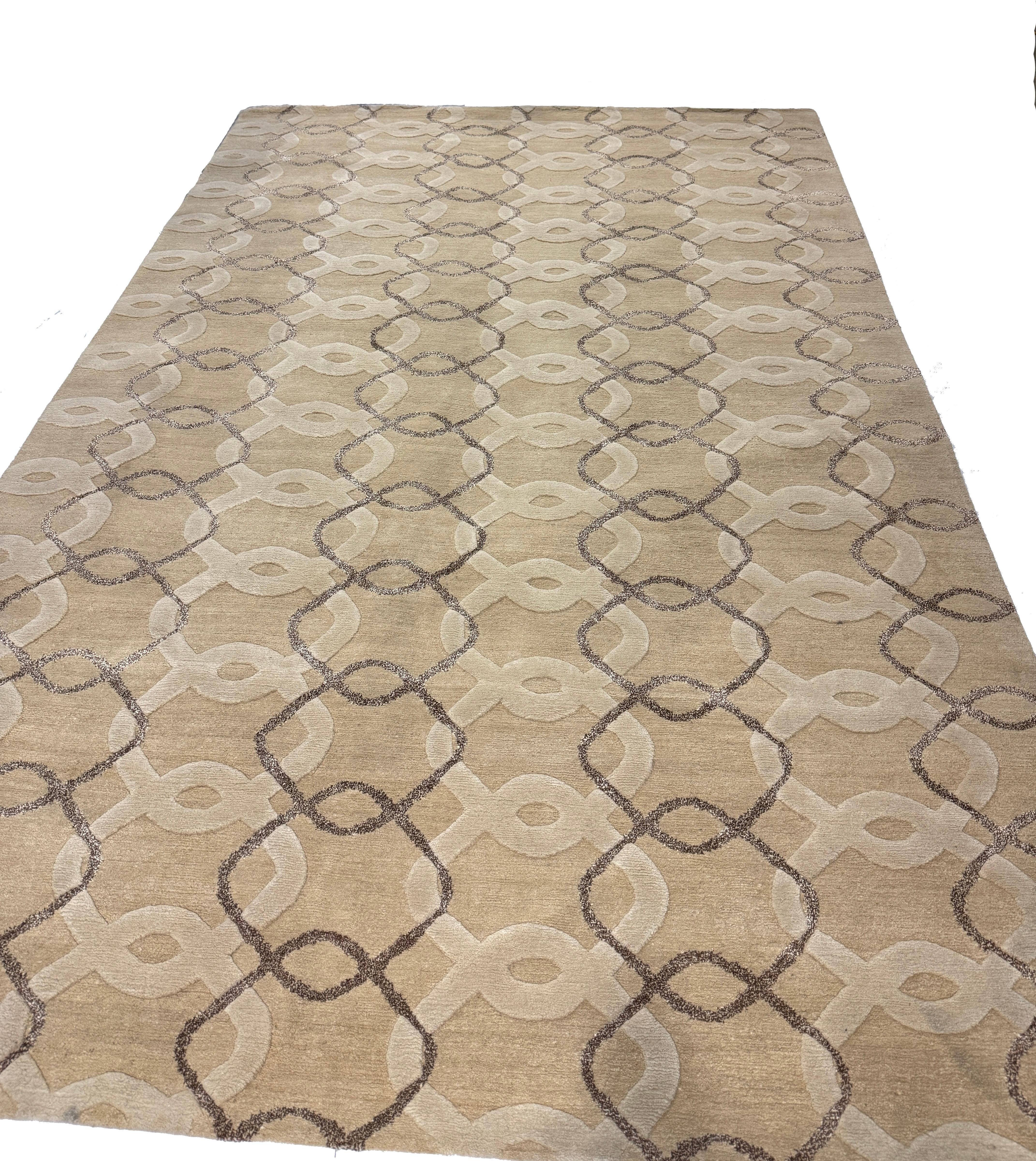 Alfombra contemporánea en marrón topo, hecha a mano de lana de cáñamo y seda, 
