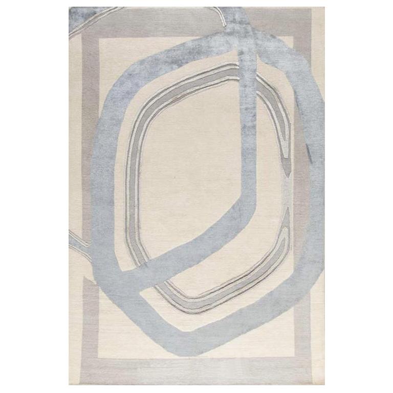 Contemporary Area Rug in Taupe Silver Grays, Handmade of Silk and Wool, "Roco" For Sale