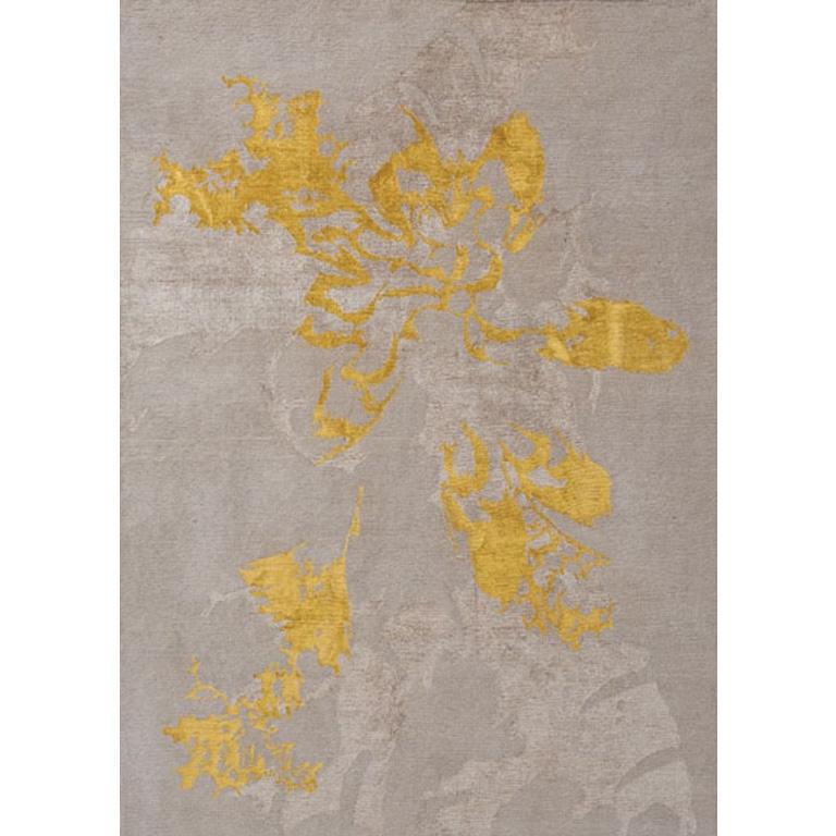 Nepalese Contemporary Area Rug in Taupe Yellow Gold, Handmade of Silk and Wool 