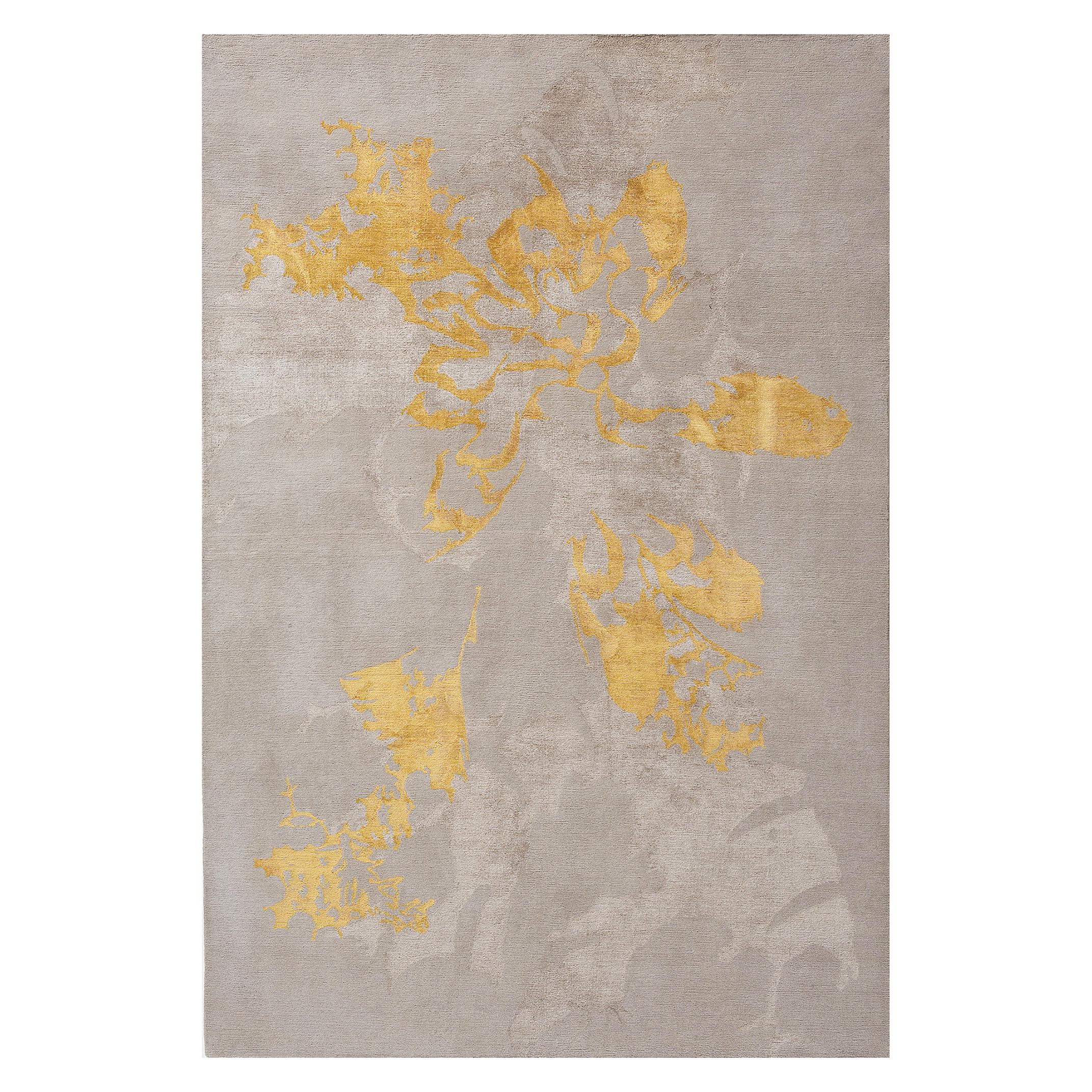 Contemporary Area Rug in Taupe Yellow Gold, Handmade of Silk and Wool "Shadow"