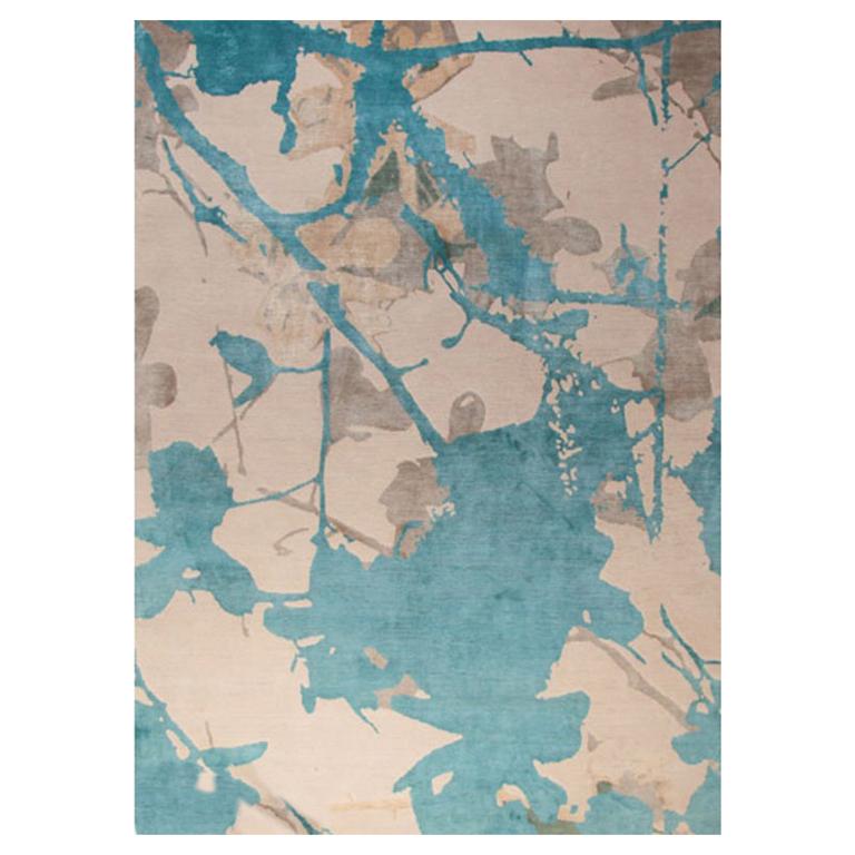Contemporary Area Rug in Turquoise Taupe, Handmade of Silk, Wool "Silhouette" For Sale