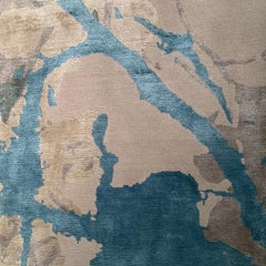 Contemporary Area Rug in Turquoise Taupe, Handmade of Silk, Wool "Silhouette"