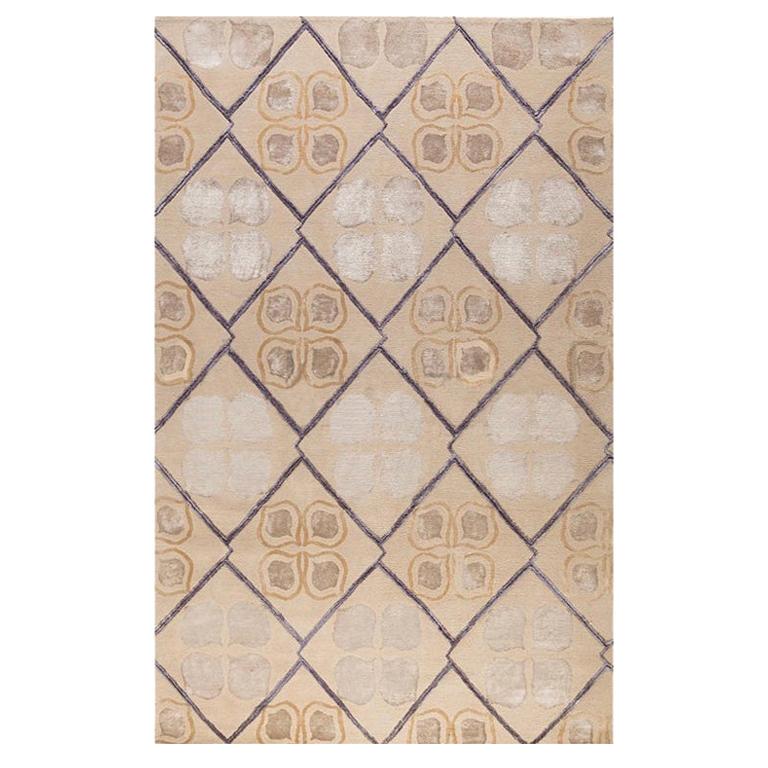 Contemporary Area Rug Taupe Purple, Handmade of Silk, Wool "Isabel" For Sale