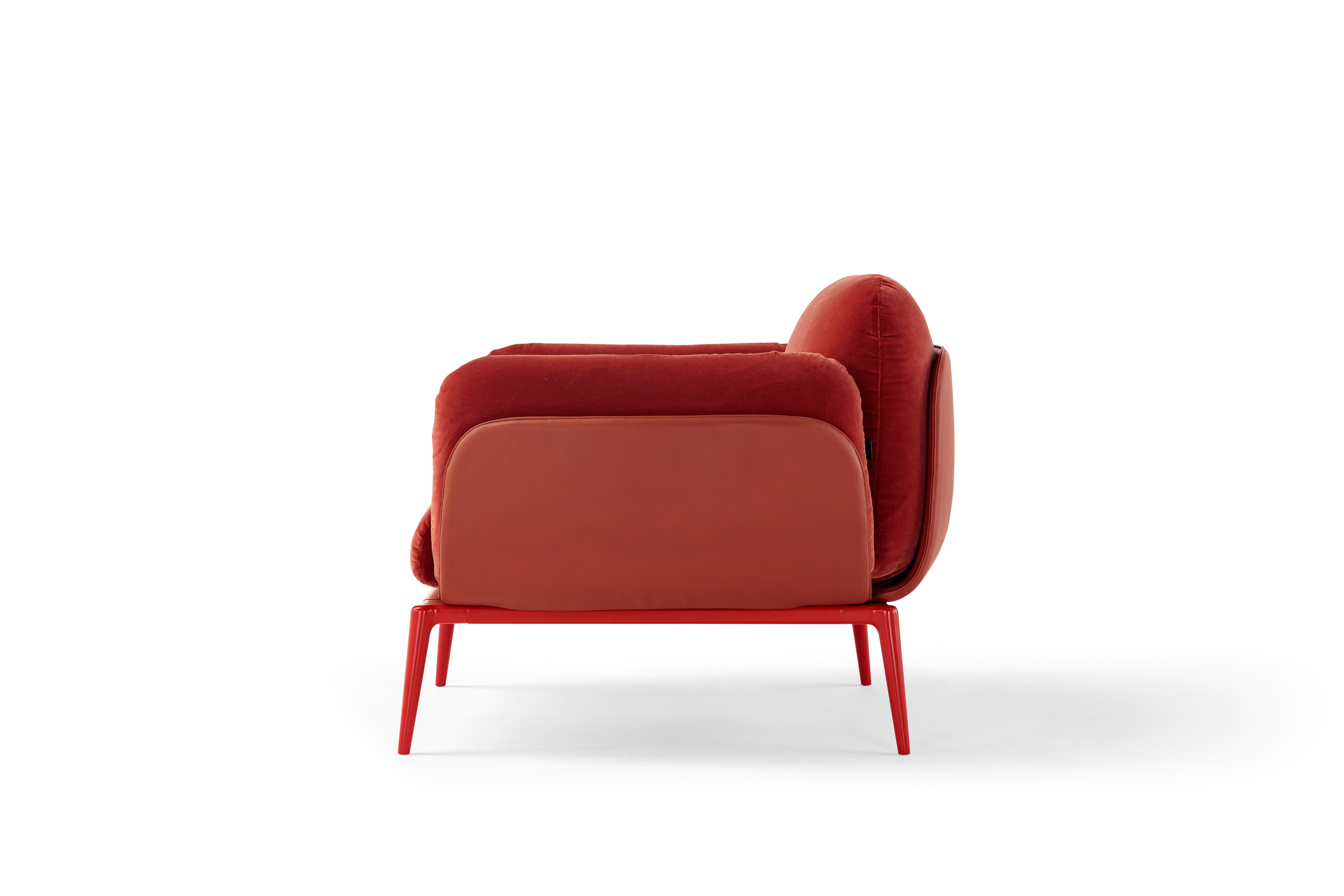 Organic Modern Contemporary Armchair 'Brooklyn' 007 Red Velvet and Leather For Sale