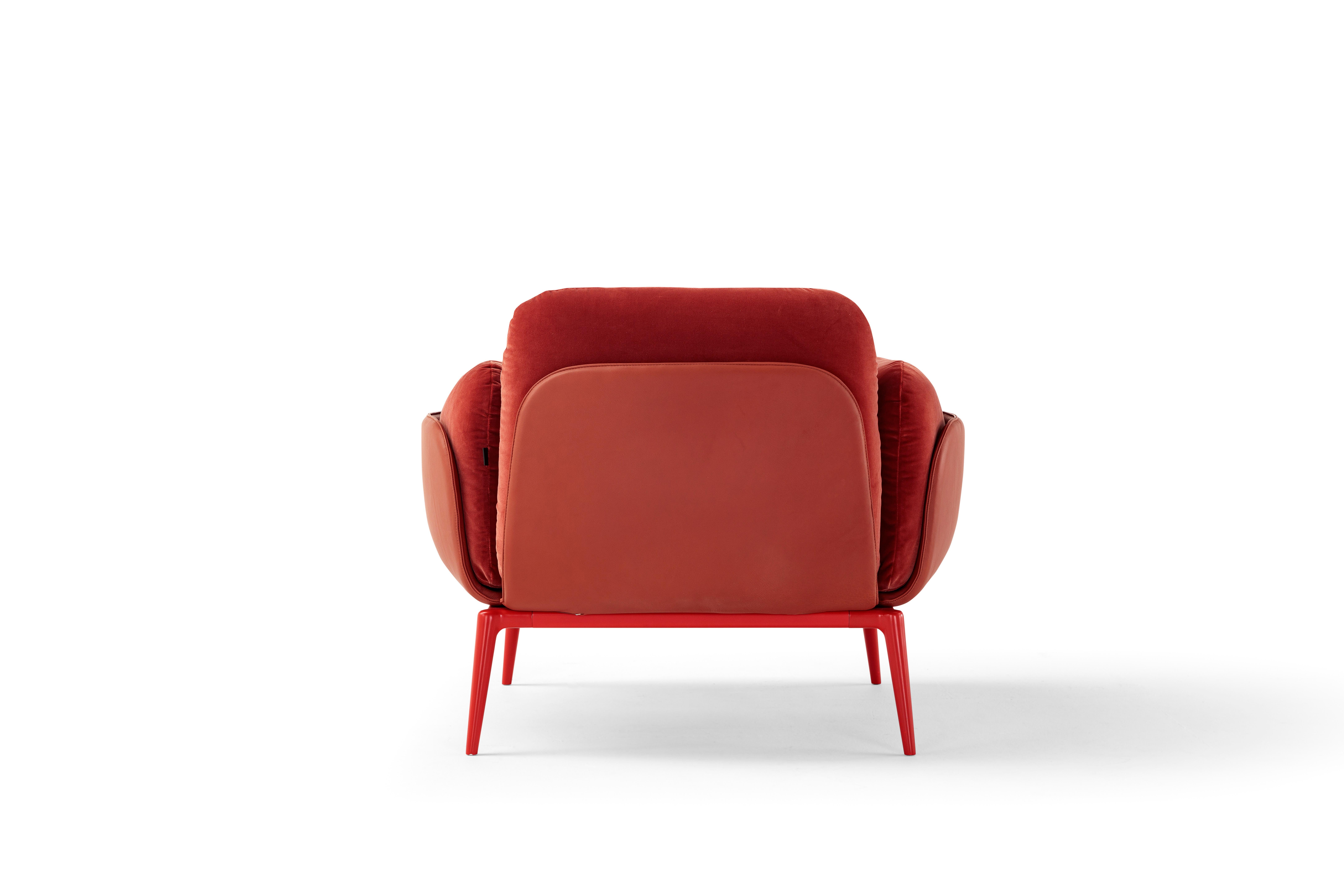 Italian Contemporary Armchair 'Brooklyn' 007 Red Velvet and Leather For Sale