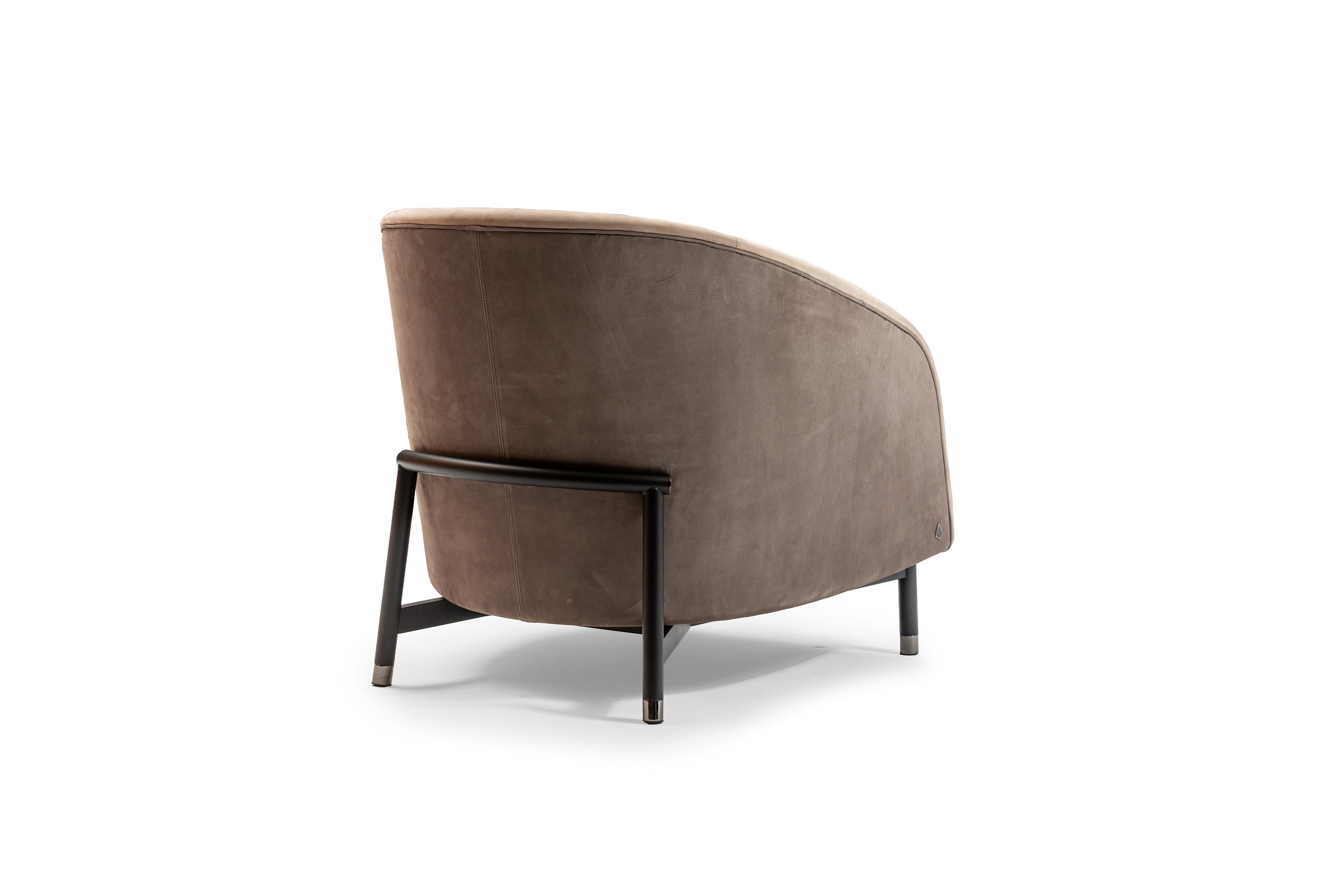 Modern Contemporary Armchair in Leather Nabuk and Metal Lacquering Frame For Sale