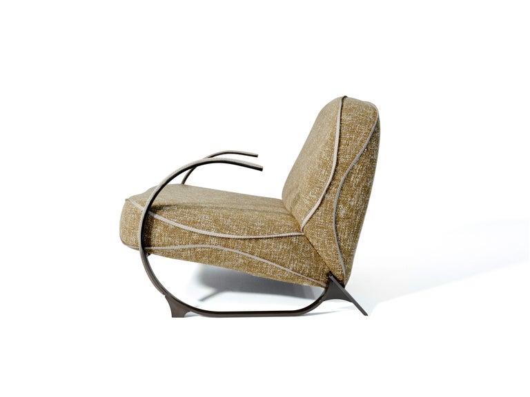Modern Contemporary Armchair by Hessentia with Decorative Stitching and Metal Structure For Sale
