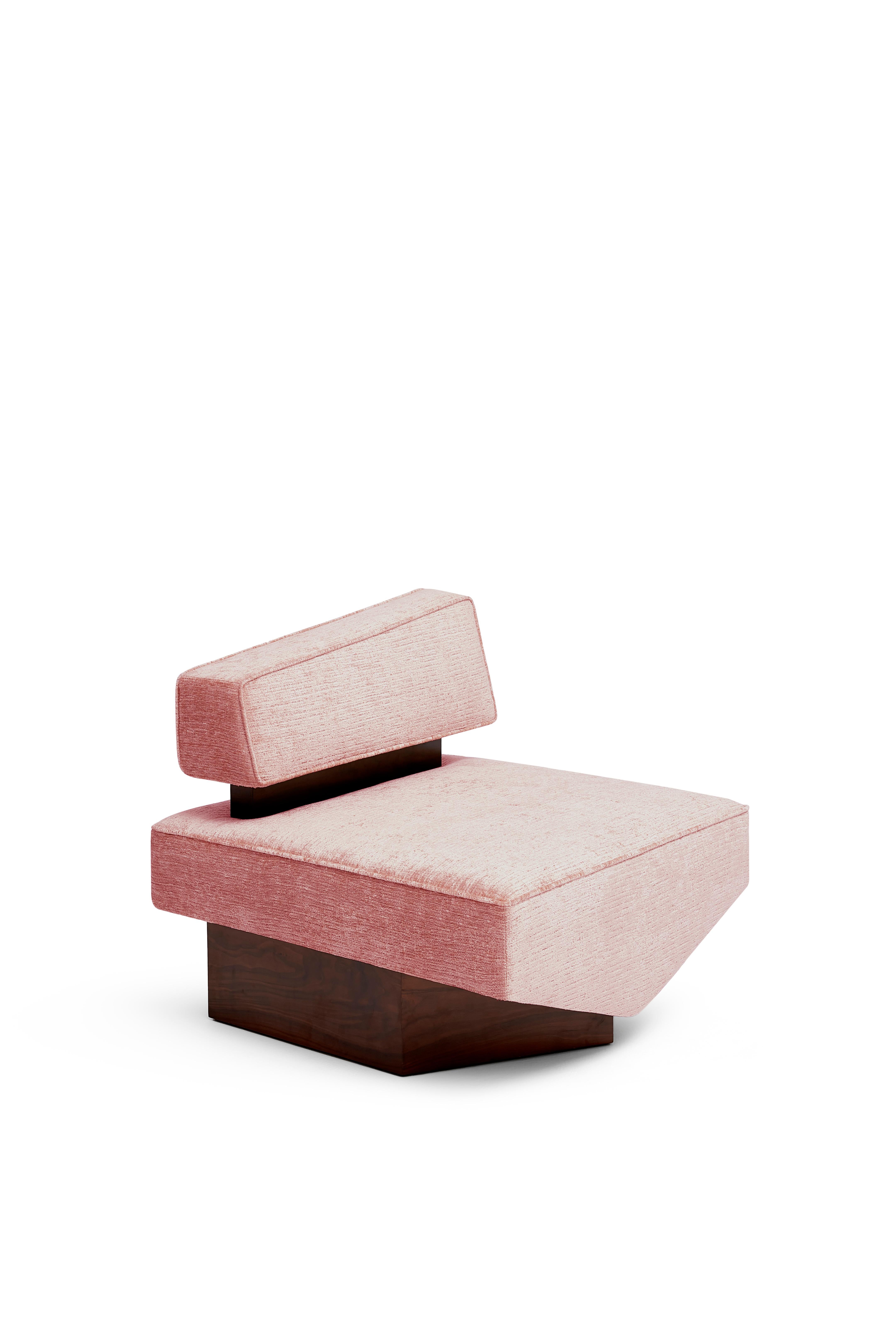 Divergent armchair by Marta Delgado Studio

Fabric: Vintage 
Color: Pink (more colors available)
Wood: American walnut veener

Dimensions:
Width: 31.5” 80 cm 
Depth: 32.7” 83 cm 
Height: 29.1” 74 cm
Seat height: 15.7” 40 cm

Marta