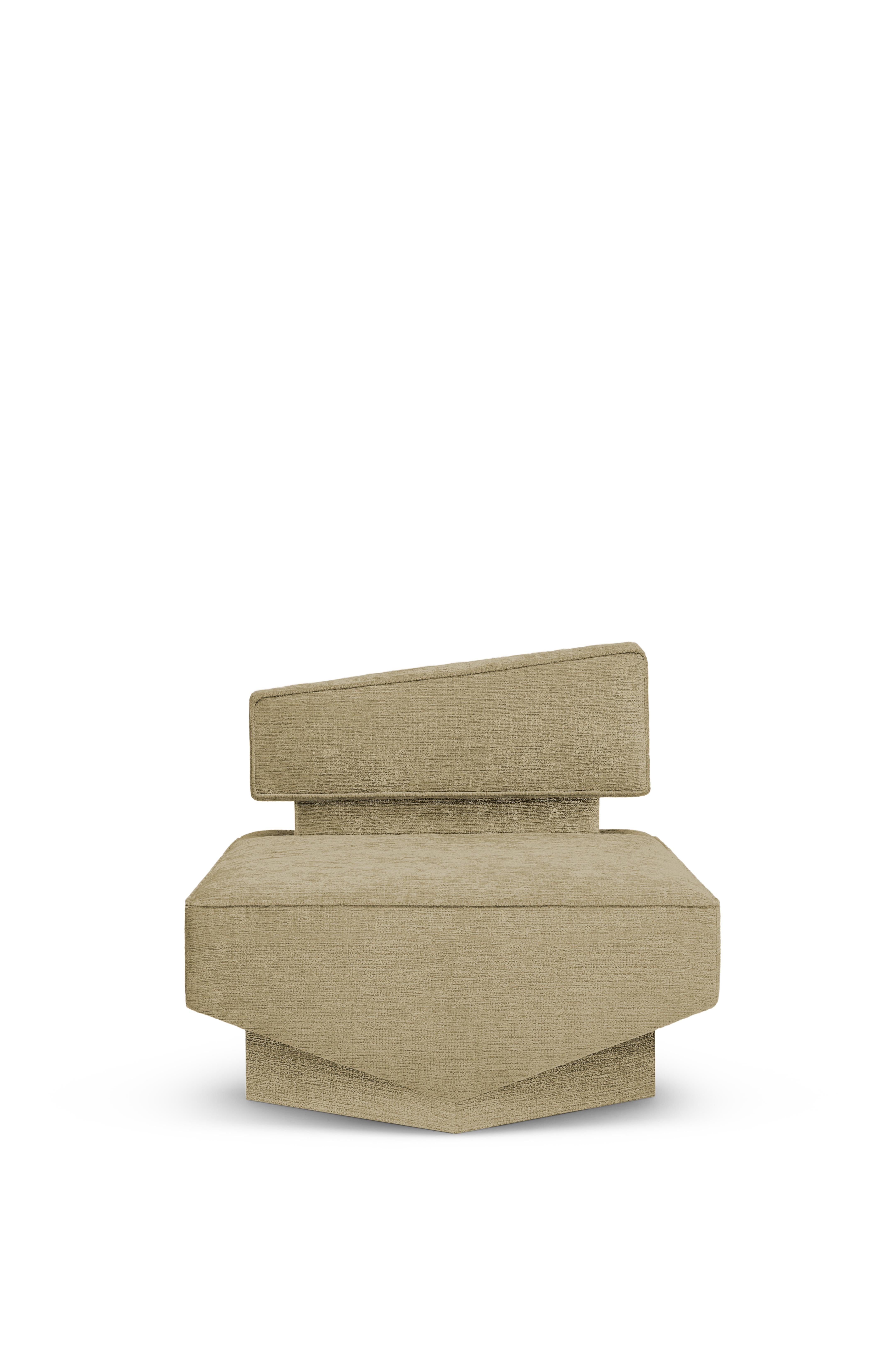 DIVERGENT Armchair by Marta Delgado Studio

Fabric: Vintage 
Color: Sand (more colors available)
Wood: American Walnut Veener

Dimensions:
Width: 31.5” 80 cm 
Depth: 32.7” 83 cm 
Height: 29.1” 74 cm
Seat Height: 15.7” 40 cm

Marta