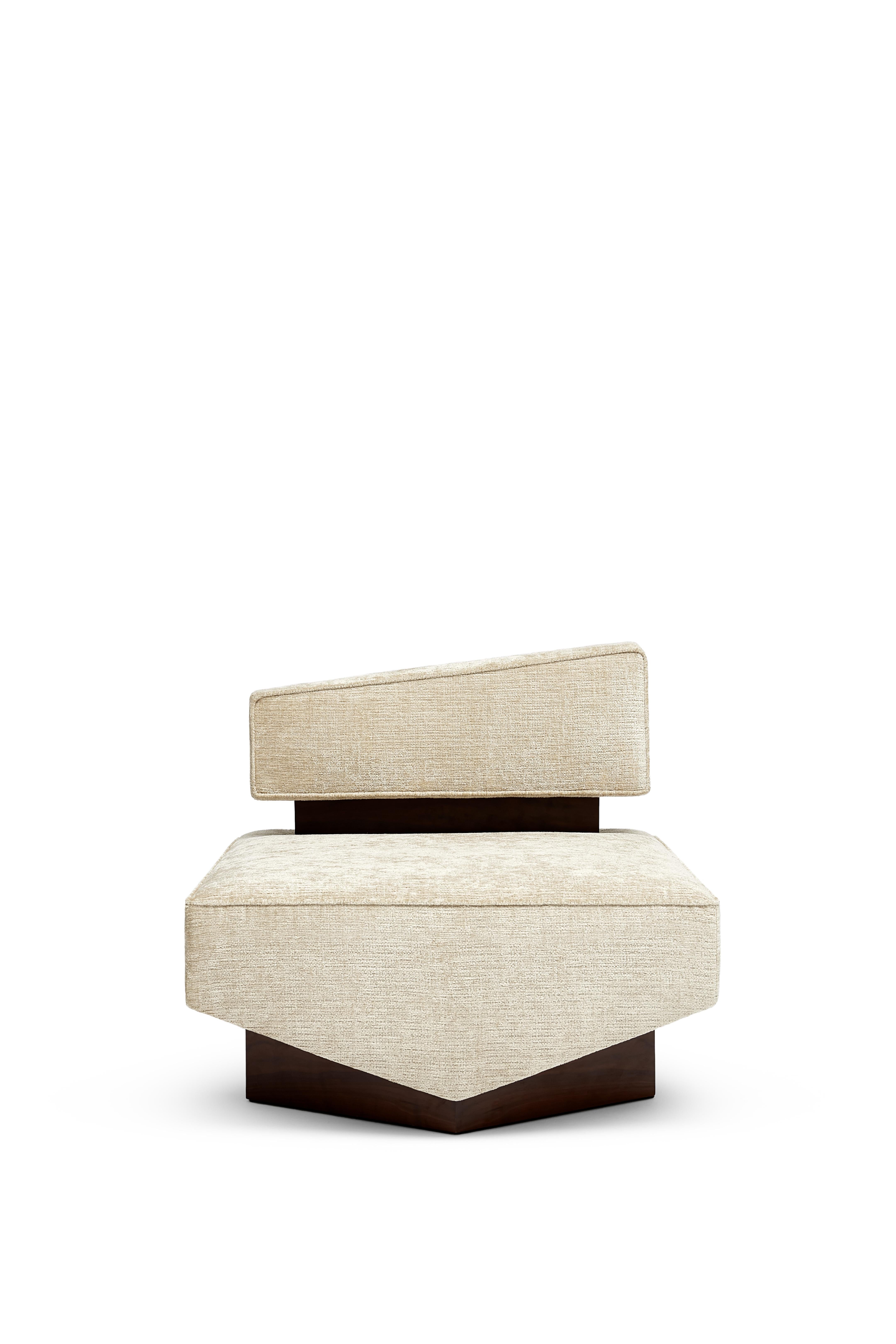 Divergent armchair by Marta Delgado Studio

Fabric: Vintage 
Color: White (more colors available)
Wood: American Walnut Veener

Dimensions:
Width: 31.5” 80 cm 
Depth: 32.7” 83 cm 
Height: 29.1” 74 cm
Seat height: 15.7” 40 cm

Marta