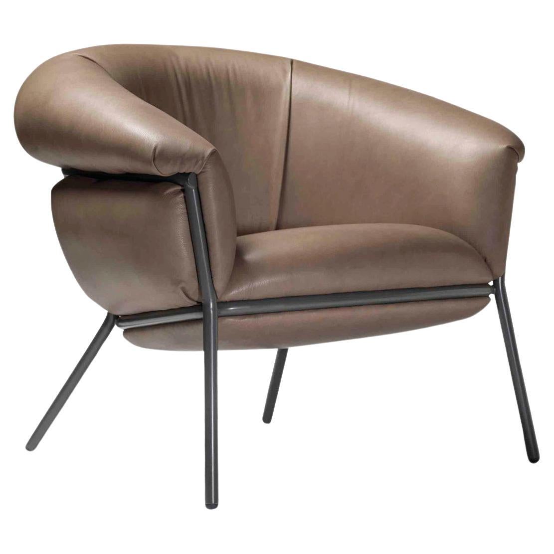 Contemporary Armchair 'Grasso' by Stephen Burks, Brown Clay Leather, Grey Frame For Sale