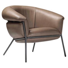 Contemporary Armchair 'Grasso' by Stephen Burks, Brown Clay Leather, Grey Frame