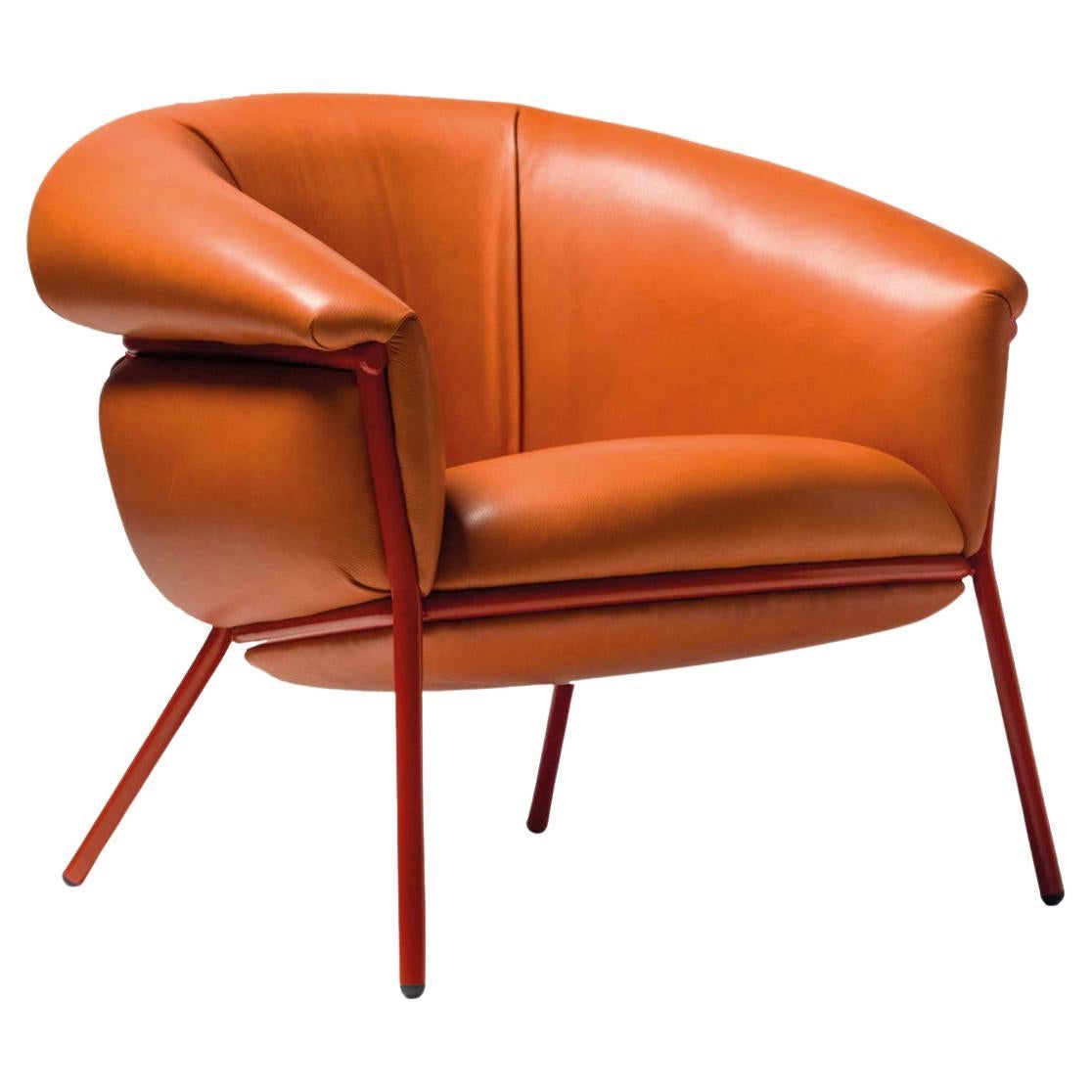 Contemporary Armchair 'Grasso' by Stephen Burks, Orange Leather, Red Frame For Sale