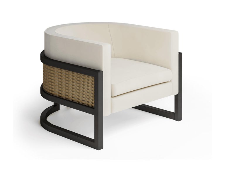 Mid-Century Modern Contemporary Armchair in Black Oakwood and Boucle Fabric For Sale