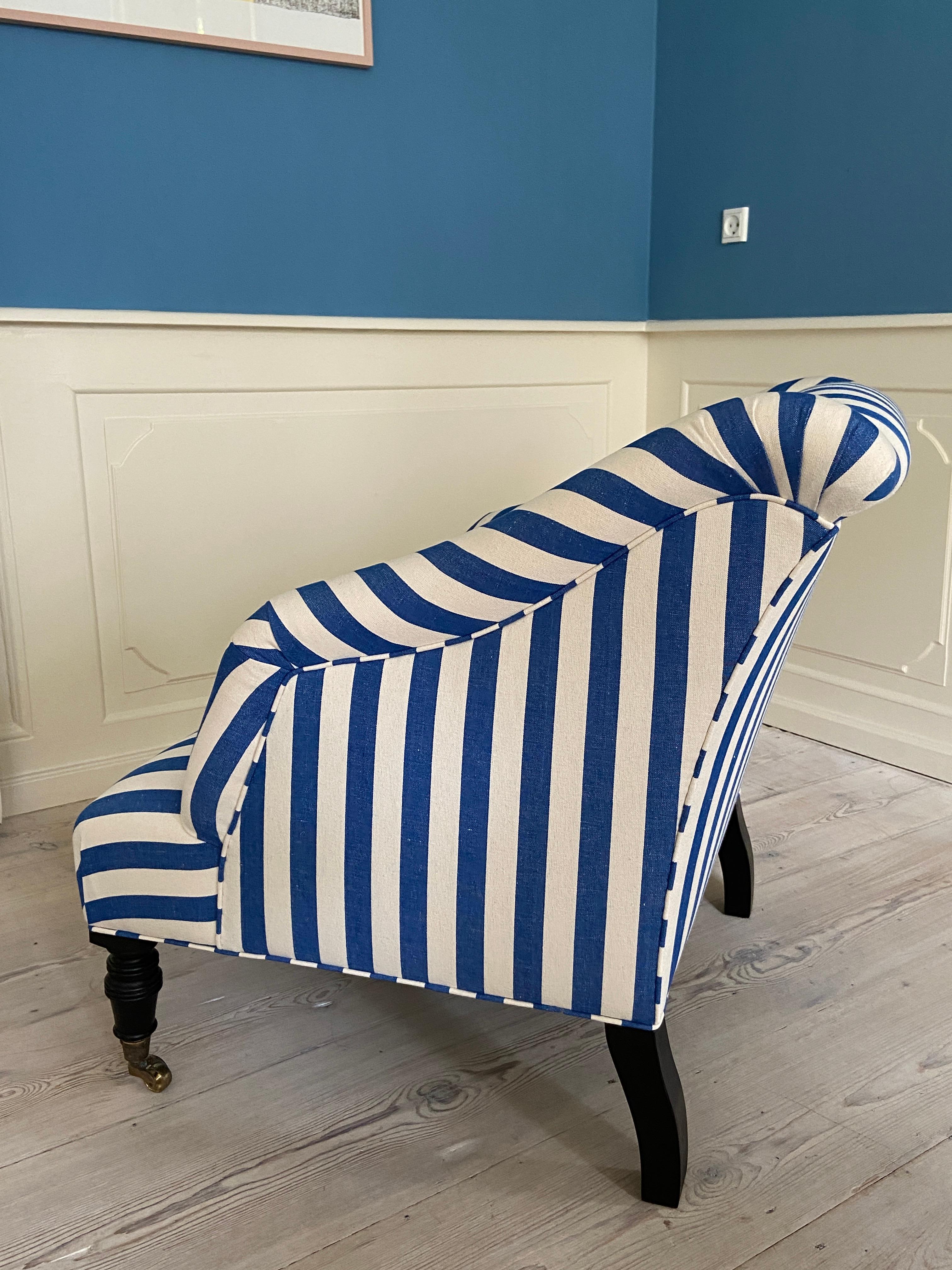 Textile Contemporary Armchair in Customized Blue Wide Striped Upholstery, Belgium, 2023 For Sale