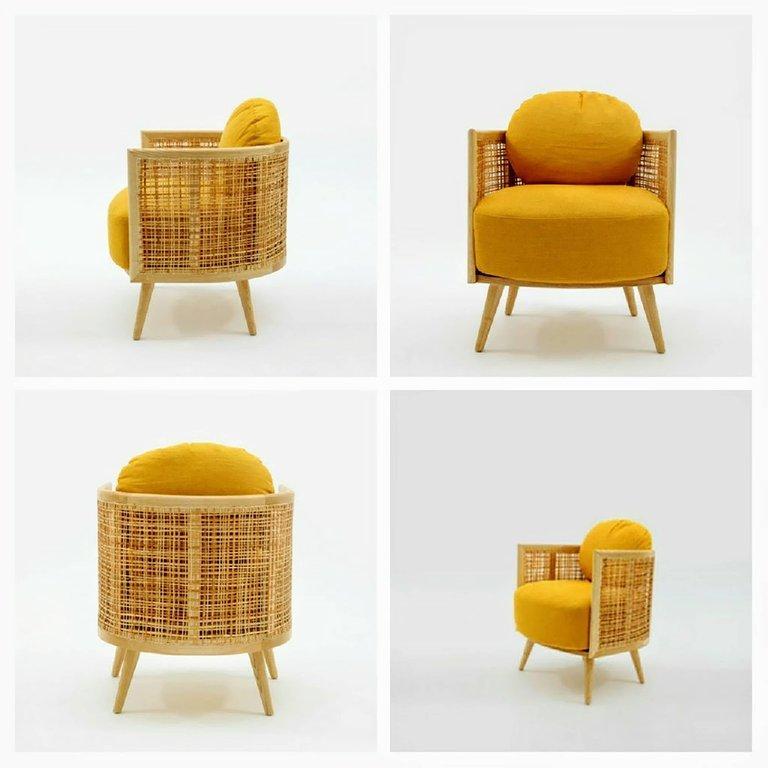 Straw Contemporary Armchair in Natural Cane Webbing For Sale