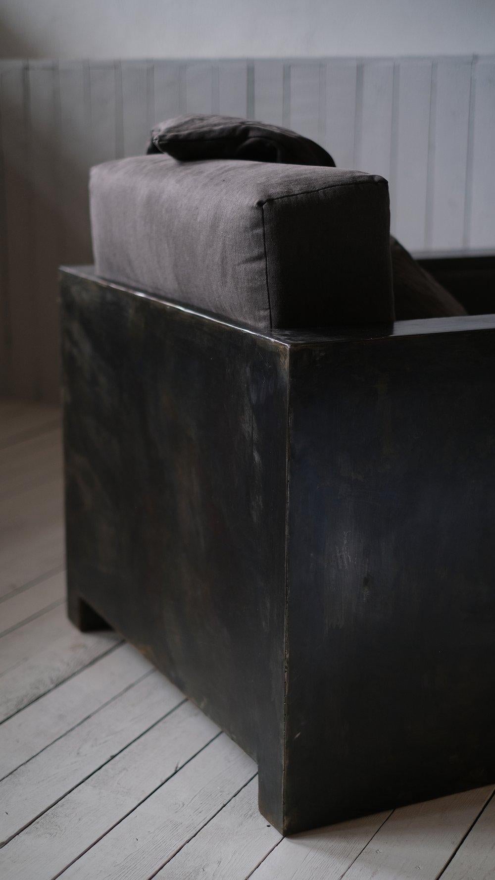 Modern Black Armchair in Patinated Raw Steel by Arno Declercq In New Condition For Sale In Warsaw, PL
