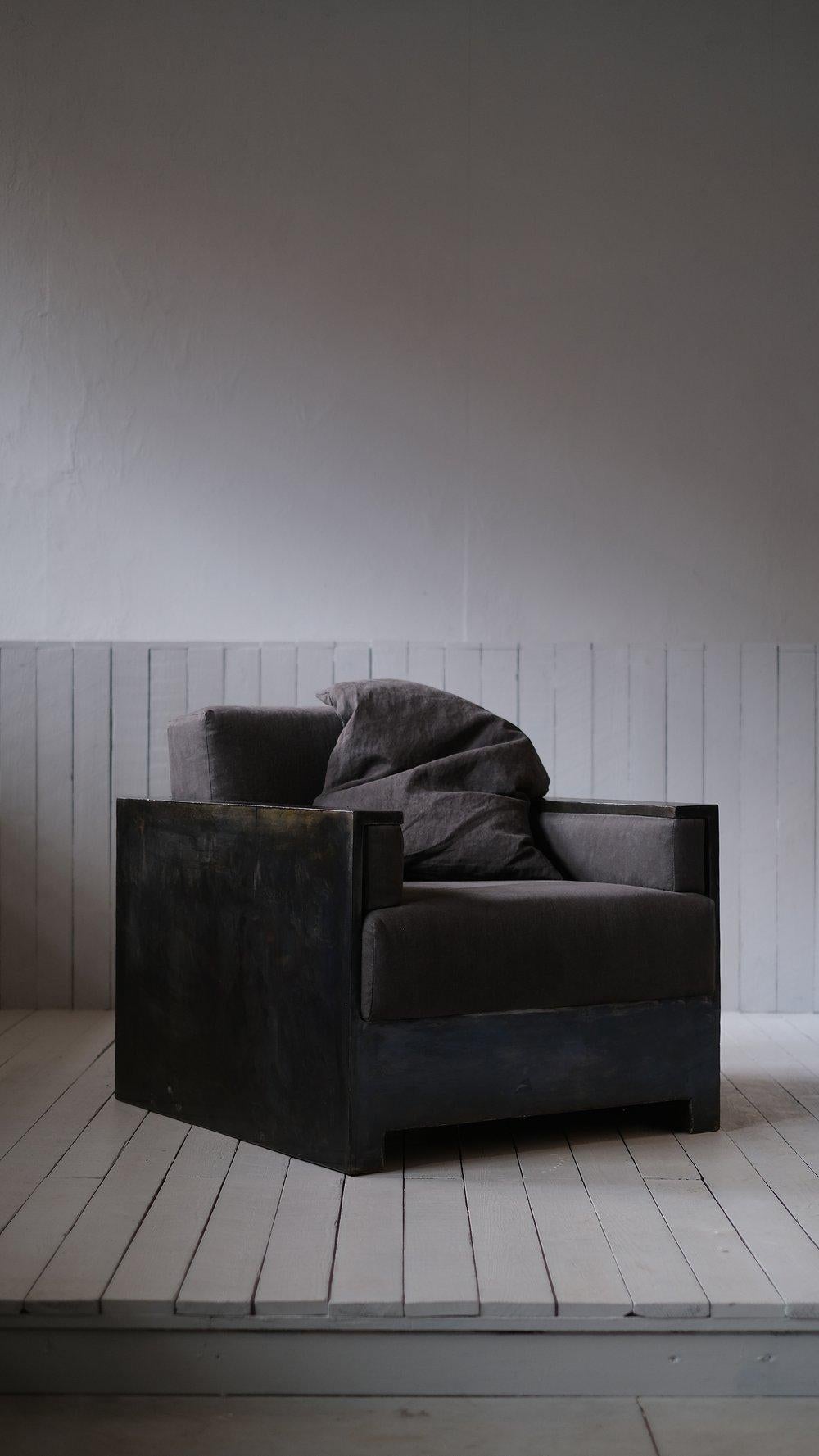 Contemporary Modern Black Armchair in Patinated Raw Steel by Arno Declercq For Sale